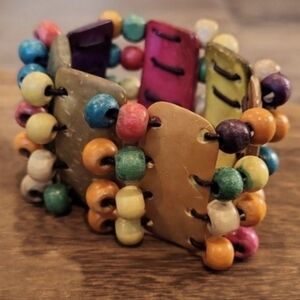 Vintage Dyed Coconut Shell Wood Beaded Stretchy Bohemian Bracelet